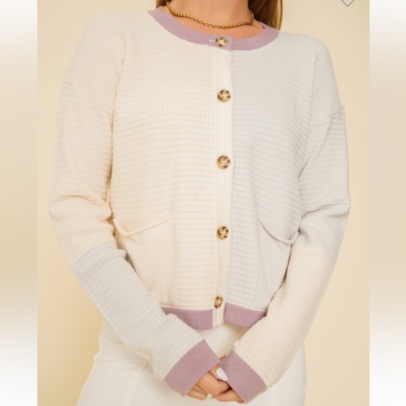 🆕Color Block Button Down Cardigan W/Pockets Matching Cami Top Cream Purple Gray - Picture 6 of 10